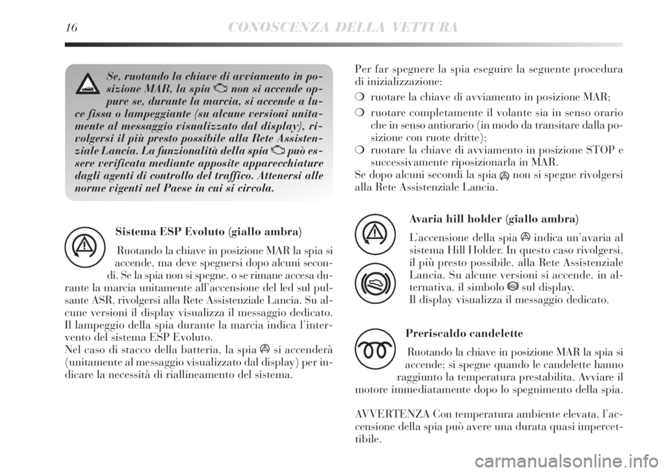 Lancia Delta 2008  Libretto Uso Manutenzione (in Italian) 16CONOSCENZA DELLA VETTURA
Se, ruotando la chiave di avviamento in po-
sizione MAR, la spia Unon si accende op-
pure se, durante la marcia, si accende a lu-
ce fissa o lampeggiante (su alcune versioni