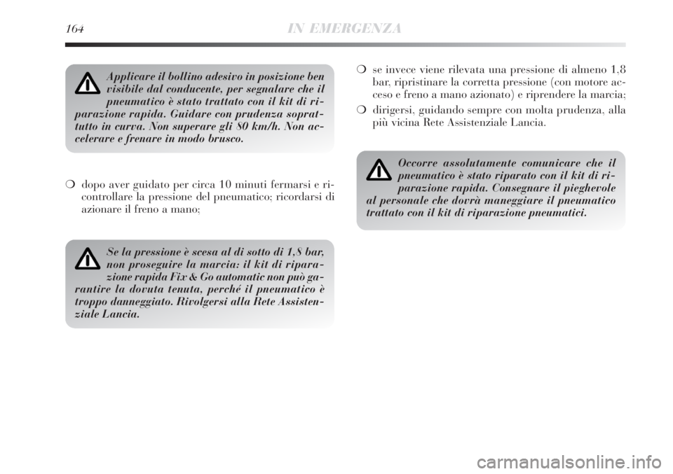 Lancia Delta 2008  Libretto Uso Manutenzione (in Italian) 164IN EMERGENZA
dopo aver guidato per circa 10 minuti fermarsi e ri-
controllare la pressione del pneumatico; ricordarsi di
azionare il freno a mano;se invece viene rilevata una pressione di almeno 