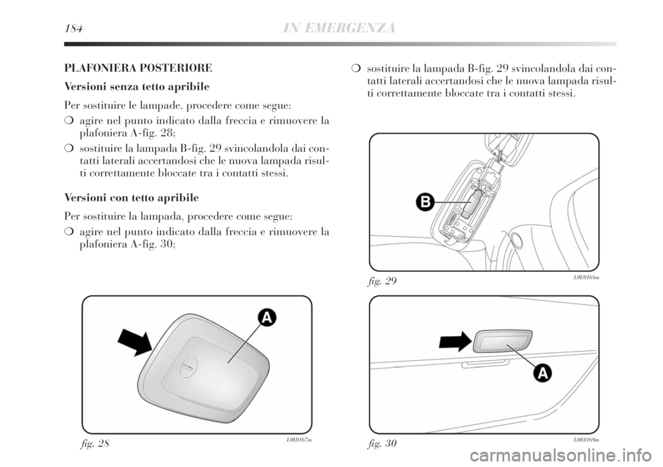 Lancia Delta 2009  Libretto Uso Manutenzione (in Italian) 184IN EMERGENZA
fig. 28L0E0167mfig. 30L0E0169m
fig. 29L0E0168m
PLAFONIERA POSTERIORE
Versioni senza tetto apribile
Per sostituire le lampade, procedere come segue:
agire nel punto indicato dalla frec