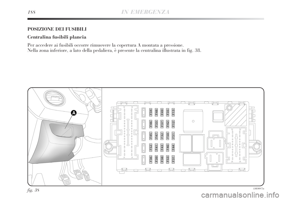 Lancia Delta 2008  Libretto Uso Manutenzione (in Italian) 188IN EMERGENZA
fig. 38L0E0087m
POSIZIONE DEI FUSIBILI
Centralina fusibili plancia
Per accedere ai fusibili occorre rimuovere la copertura A montata a pressione. 
Nella zona inferiore, a lato della pe