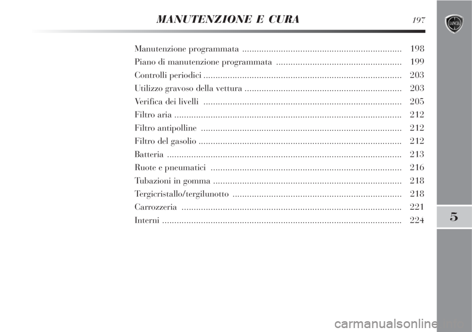 Lancia Delta 2008  Libretto Uso Manutenzione (in Italian) MANUTENZIONE E CURA197
5
Manutenzione programmata .................................................................. 198
Piano di manutenzione programmata .............................................