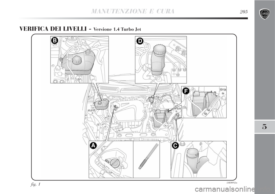Lancia Delta 2008  Libretto Uso Manutenzione (in Italian) MANUTENZIONE E CURA205
5
VERIFICA DEI LIVELLI - Versione 1.4 Turbo Jet
fig. 1L0E0092m 