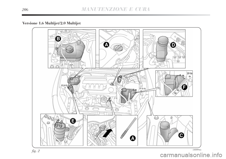 Lancia Delta 2008  Libretto Uso Manutenzione (in Italian) 206MANUTENZIONE E CURA
Versione 1.6 Multijet/2.0 Multijet
fig. 2L0E0094m 