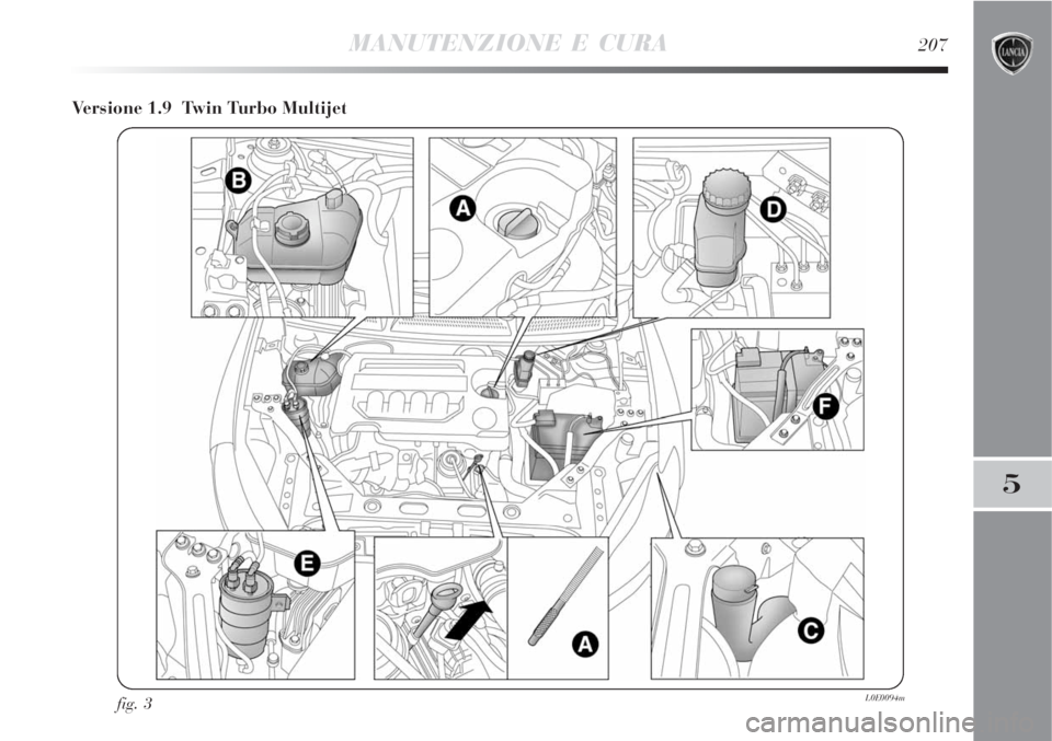 Lancia Delta 2008  Libretto Uso Manutenzione (in Italian) MANUTENZIONE E CURA207
5
Versione 1.9  Twin Turbo Multijet
fig. 3L0E0094m 