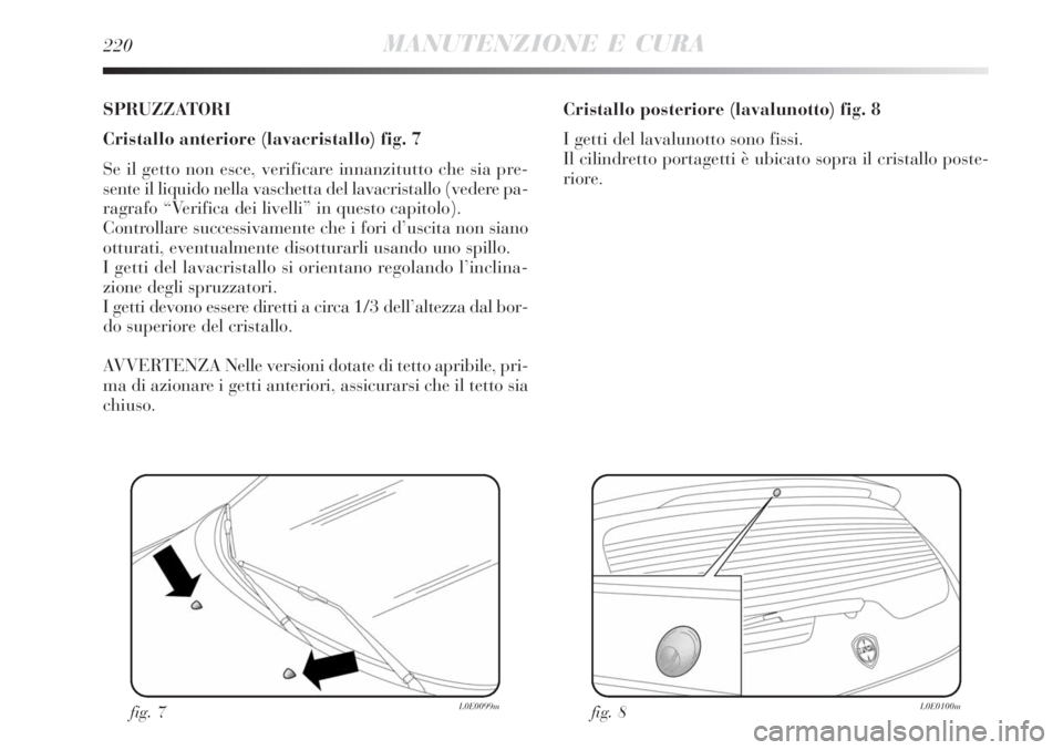 Lancia Delta 2009  Libretto Uso Manutenzione (in Italian) 220MANUTENZIONE E CURA
SPRUZZATORI
Cristallo anteriore (lavacristallo) fig. 7
Se il getto non esce, verificare innanzitutto che sia pre-
sente il liquido nella vaschetta del lavacristallo (vedere pa-
