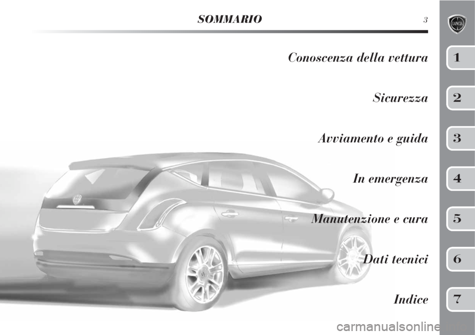 Lancia Delta 2008  Libretto Uso Manutenzione (in Italian) SOMMARIO3
Conoscenza della vettura
Sicurezza
Avviamento e guida
In emergenza
Manutenzione e cura
Dati tecnici
Indice1
2
3
4
5
6
7 