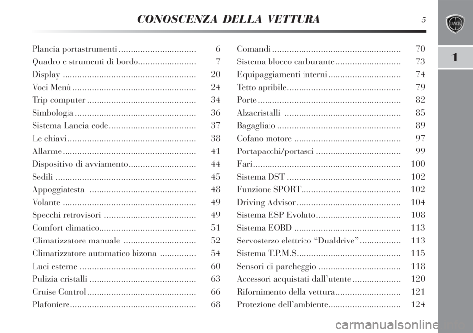 Lancia Delta 2009  Libretto Uso Manutenzione (in Italian) CONOSCENZA DELLA VETTURA5
1
Plancia portastrumenti................................ 6
Quadro e strumenti di bordo........................ 7
Display .....................................................