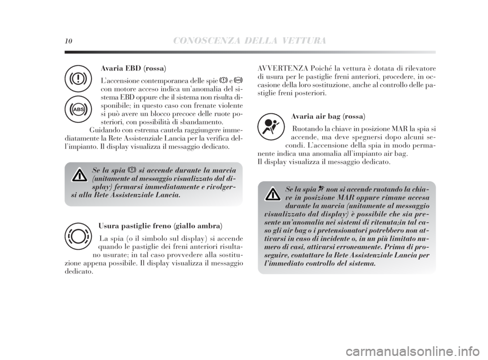 Lancia Delta 2010  Libretto Uso Manutenzione (in Italian) 10CONOSCENZA DELLA VETTURA
Se la spia xsi accende durante la marcia
(unitamente al messaggio visualizzato dal di-
splay) fermarsi immediatamente e rivolger-
si alla Rete Assistenziale Lancia.
Usura pa