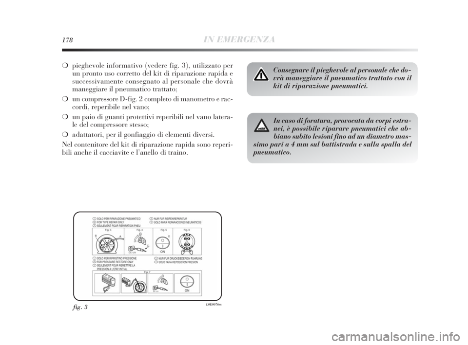 Lancia Delta 2010 Libretto Uso Manutenzione (in Italian) 178IN EMERGENZA
❍pieghevole informativo (vedere fig. 3), utilizzato per
un pronto uso corretto del kit di riparazione rapida e
successivamente consegnato al personale che dovrà
maneggiare il pneuma Lancia Delta 2010 Libretto Uso Manutenzione (in Italian) 178IN EMERGENZA
❍pieghevole informativo (vedere fig. 3), utilizzato per
un pronto uso corretto del kit di riparazione rapida e
successivamente consegnato al personale che dovrà
maneggiare il pneuma