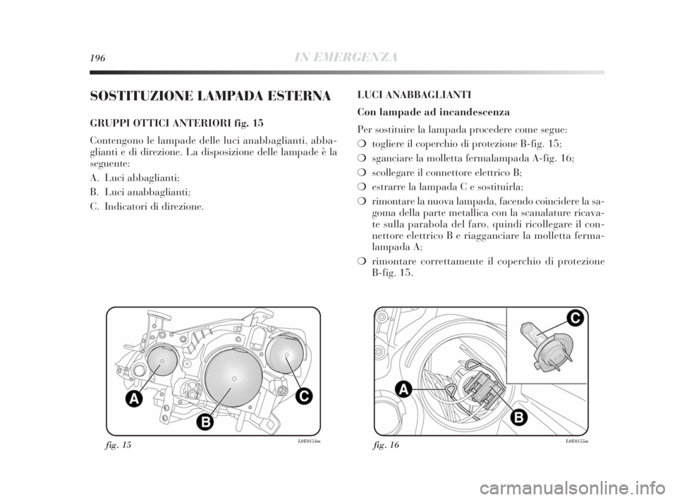 Lancia Delta 2010 Libretto Uso Manutenzione (in Italian) 196IN EMERGENZA
SOSTITUZIONE LAMPADA ESTERNA
GRUPPI OTTICI ANTERIORI fig. 15
Contengono le lampade delle luci anabbaglianti, abba-
glianti e di direzione. La disposizione delle lampade è la
seguente: Lancia Delta 2010 Libretto Uso Manutenzione (in Italian) 196IN EMERGENZA
SOSTITUZIONE LAMPADA ESTERNA
GRUPPI OTTICI ANTERIORI fig. 15
Contengono le lampade delle luci anabbaglianti, abba-
glianti e di direzione. La disposizione delle lampade è la
seguente: