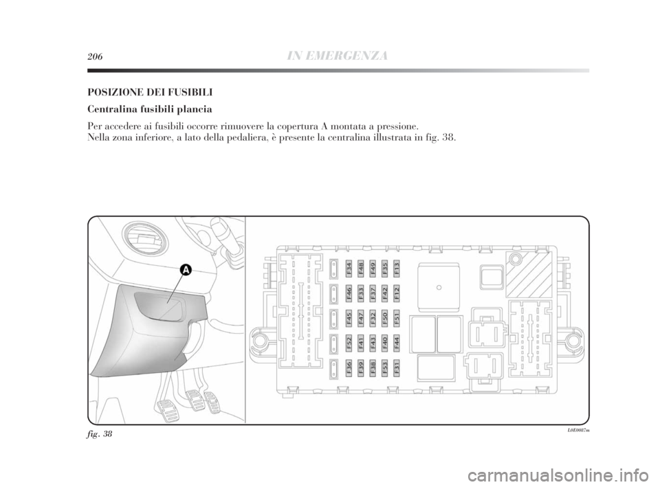 Lancia Delta 2010 Libretto Uso Manutenzione (in Italian) 206IN EMERGENZA
fig. 38L0E0087m
POSIZIONE DEI FUSIBILI
Centralina fusibili plancia
Per accedere ai fusibili occorre rimuovere la copertura A montata a pressione.
Nella zona inferiore, a lato della pe Lancia Delta 2010 Libretto Uso Manutenzione (in Italian) 206IN EMERGENZA
fig. 38L0E0087m
POSIZIONE DEI FUSIBILI
Centralina fusibili plancia
Per accedere ai fusibili occorre rimuovere la copertura A montata a pressione.
Nella zona inferiore, a lato della pe