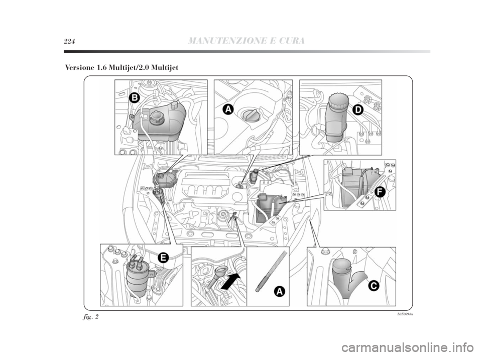 Lancia Delta 2010 Libretto Uso Manutenzione (in Italian) 224MANUTENZIONE E CURA
Versione 1.6 Multijet/2.0 Multijet
fig. 2L0E0094m
215-242 Delta 3ed IT 6-11-2009 8:31 Pagina 224 Lancia Delta 2010 Libretto Uso Manutenzione (in Italian) 224MANUTENZIONE E CURA
Versione 1.6 Multijet/2.0 Multijet
fig. 2L0E0094m
215-242 Delta 3ed IT 6-11-2009 8:31 Pagina 224
