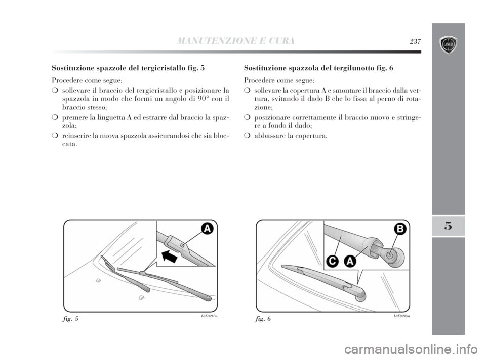 Lancia Delta 2010 Libretto Uso Manutenzione (in Italian) MANUTENZIONE E CURA237
5
Sostituzione spazzole del tergicristallo fig. 5
Procedere come segue:
❍sollevare il braccio del tergicristallo e posizionare la
spazzola in modo che formi un angolo di 90° Lancia Delta 2010 Libretto Uso Manutenzione (in Italian) MANUTENZIONE E CURA237
5
Sostituzione spazzole del tergicristallo fig. 5
Procedere come segue:
❍sollevare il braccio del tergicristallo e posizionare la
spazzola in modo che formi un angolo di 90°
