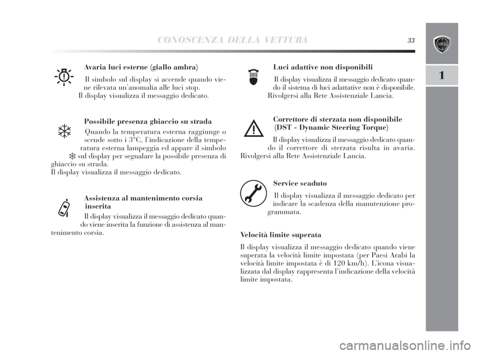 Lancia Delta 2010 Libretto Uso Manutenzione (in Italian) CONOSCENZA DELLA VETTURA33
1
Possibile presenza ghiaccio su strada
Quando la temperatura esterna raggiunge o
scende sotto i 3°C, l’indicazione della tempe-
ratura esterna lampeggia ed appare il sim Lancia Delta 2010 Libretto Uso Manutenzione (in Italian) CONOSCENZA DELLA VETTURA33
1
Possibile presenza ghiaccio su strada
Quando la temperatura esterna raggiunge o
scende sotto i 3°C, l’indicazione della tempe-
ratura esterna lampeggia ed appare il sim