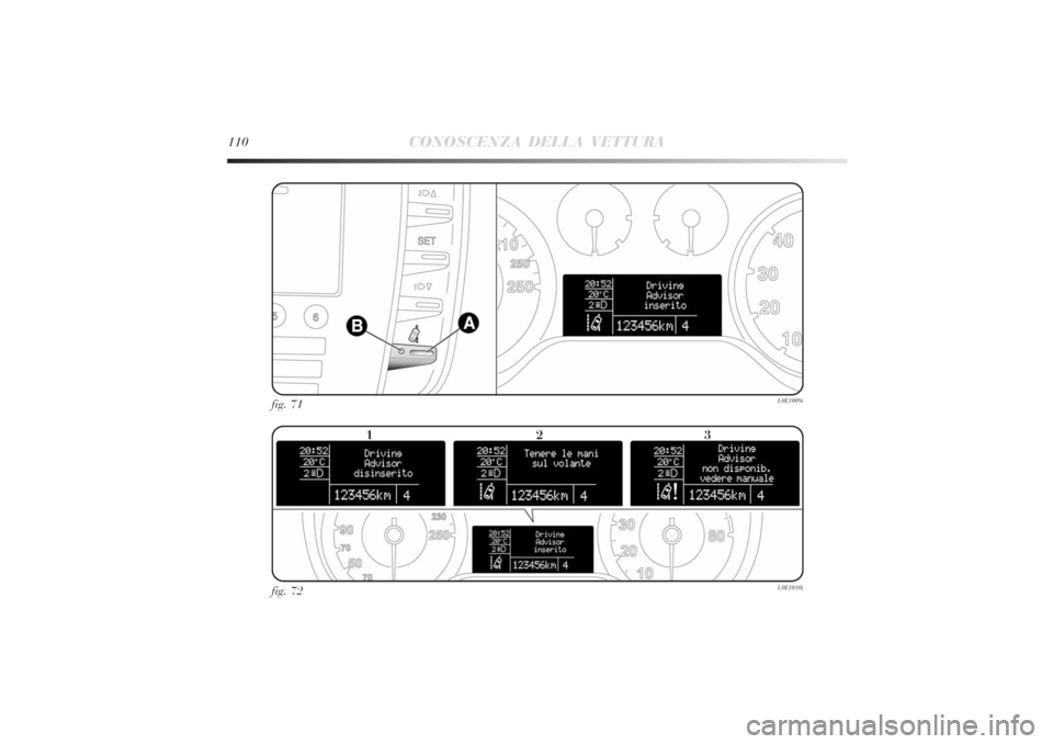 Lancia Delta 2011  Libretto Uso Manutenzione (in Italian) 110
CONOSCENZA DELLA VETTURA
fig. 71
L0E1009i
fig. 72
L0E1010i
123 