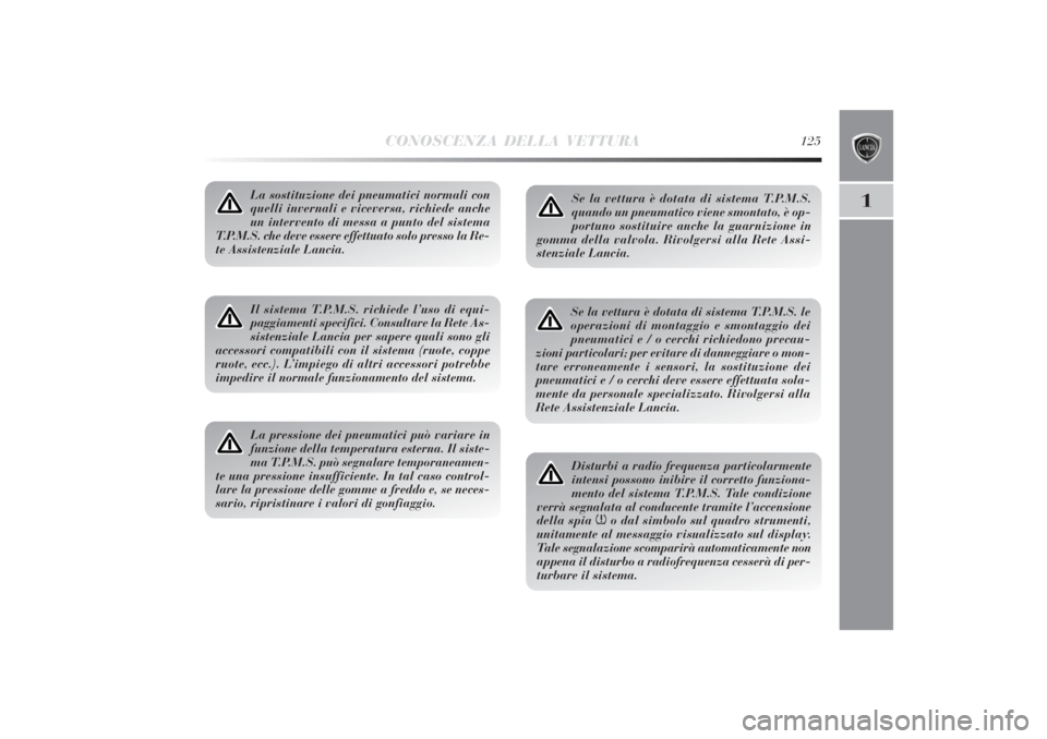 Lancia Delta 2011 Libretto Uso Manutenzione (in Italian) CONOSCENZA DELLA VETTURA
125
1
La sostituzione dei pneumatici normali con
quelli invernali e viceversa, richiede anche
un intervento di messa a punto del sistema
T.P.M.S. che deve essere effettuato so Lancia Delta 2011 Libretto Uso Manutenzione (in Italian) CONOSCENZA DELLA VETTURA
125
1
La sostituzione dei pneumatici normali con
quelli invernali e viceversa, richiede anche
un intervento di messa a punto del sistema
T.P.M.S. che deve essere effettuato so
