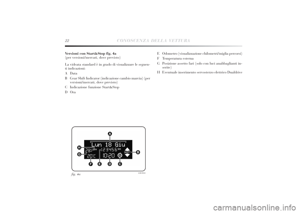 Lancia Delta 2011  Libretto Uso Manutenzione (in Italian) 22
CONOSCENZA DELLA VETTURA
Versioni con Start&Stop fig. 4a
(per versioni/mercati, dove previsto)
La videata standard è in grado di visualizzare le seguen-
ti indicazioni:
A Data
B Gear Shift Indicat