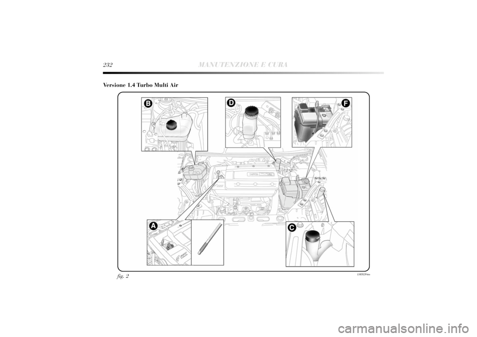 Lancia Delta 2011  Libretto Uso Manutenzione (in Italian) 232
MANUTENZIONE E CURA
Versione 1.4 Turbo Multi Air
fig. 2
L0E0204m 