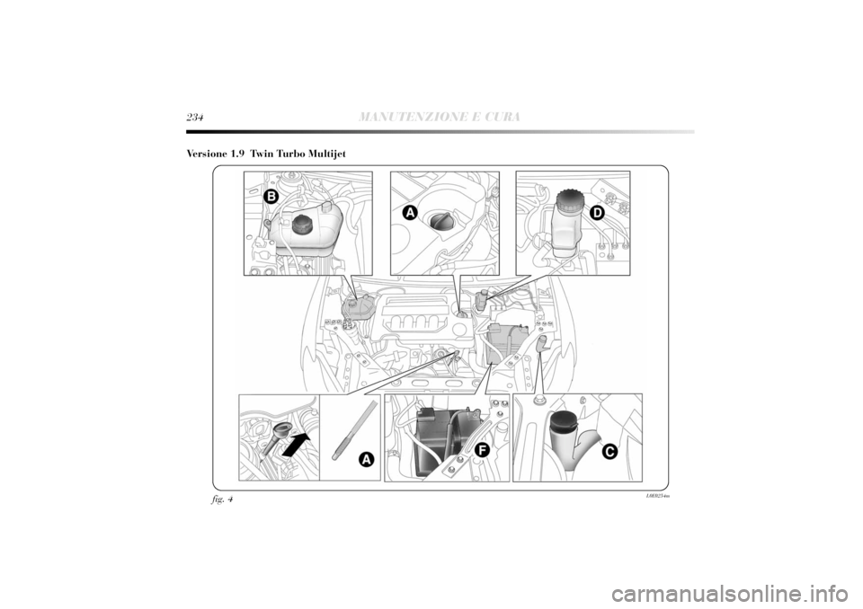 Lancia Delta 2011  Libretto Uso Manutenzione (in Italian) 234
MANUTENZIONE E CURA
Versione 1.9  Twin Turbo Multijet
fig. 4
L0E0254m 