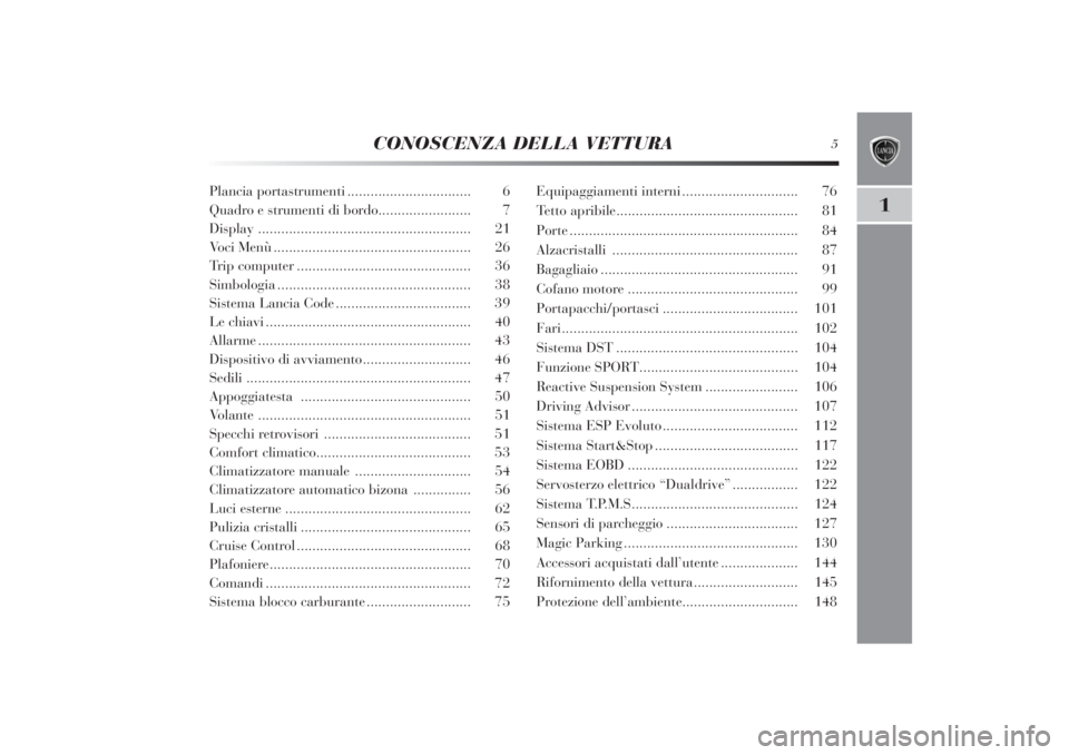 Lancia Delta 2011  Libretto Uso Manutenzione (in Italian) CONOSCENZA DELLA VETTURA
5
1
Plancia portastrumenti................................ 6
Quadro e strumenti di bordo........................ 7
Display ....................................................