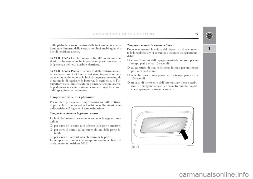 Lancia Delta 2011 Libretto Uso Manutenzione (in Italian) CONOSCENZA DELLA VETTURA
71
1
Sulla plafoniera sono previste delle luci ambiente che il-
luminano l’interno della vettura con luci anabbaglianti o
luci di posizione accese.
AVVERTENZA La plafoniera Lancia Delta 2011 Libretto Uso Manutenzione (in Italian) CONOSCENZA DELLA VETTURA
71
1
Sulla plafoniera sono previste delle luci ambiente che il-
luminano l’interno della vettura con luci anabbaglianti o
luci di posizione accese.
AVVERTENZA La plafoniera