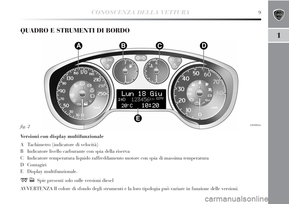 Lancia Delta 2012 Libretto Uso Manutenzione (in Italian) 1
CONOSCENZA DELLA VETTURA9
QUADRO E STRUMENTI DI BORDO
Versioni con display multifunzionale
A Tachimetro (indicatore di velocità)
B Indicatore livello carburante con spia della riserva
C Indicatore Lancia Delta 2012 Libretto Uso Manutenzione (in Italian) 1
CONOSCENZA DELLA VETTURA9
QUADRO E STRUMENTI DI BORDO
Versioni con display multifunzionale
A Tachimetro (indicatore di velocità)
B Indicatore livello carburante con spia della riserva
C Indicatore
