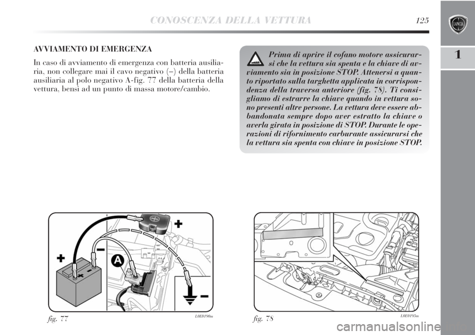 Lancia Delta 2012 Libretto Uso Manutenzione (in Italian) CONOSCENZA DELLA VETTURA125
1AVVIAMENTO DI EMERGENZA
In caso di avviamento di emergenza con batteria ausilia-
ria, non collegare mai il cavo negativo (–) della batteria
ausiliaria al polo negativo Lancia Delta 2012 Libretto Uso Manutenzione (in Italian) CONOSCENZA DELLA VETTURA125
1AVVIAMENTO DI EMERGENZA
In caso di avviamento di emergenza con batteria ausilia-
ria, non collegare mai il cavo negativo (–) della batteria
ausiliaria al polo negativo