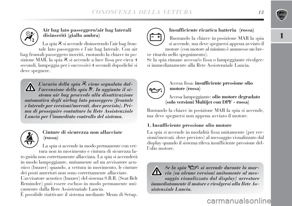 Lancia Delta 2012 Libretto Uso Manutenzione (in Italian) CONOSCENZA DELLA VETTURA13
1
Air bag lato passeggero/air bag laterali
disinseriti (giallo ambra)
La spia
“si accende disinserendo l’air bag fron-
tale lato passeggero e l’air bag laterale. Con Lancia Delta 2012 Libretto Uso Manutenzione (in Italian) CONOSCENZA DELLA VETTURA13
1
Air bag lato passeggero/air bag laterali
disinseriti (giallo ambra)
La spia
“si accende disinserendo l’air bag fron-
tale lato passeggero e l’air bag laterale. Con