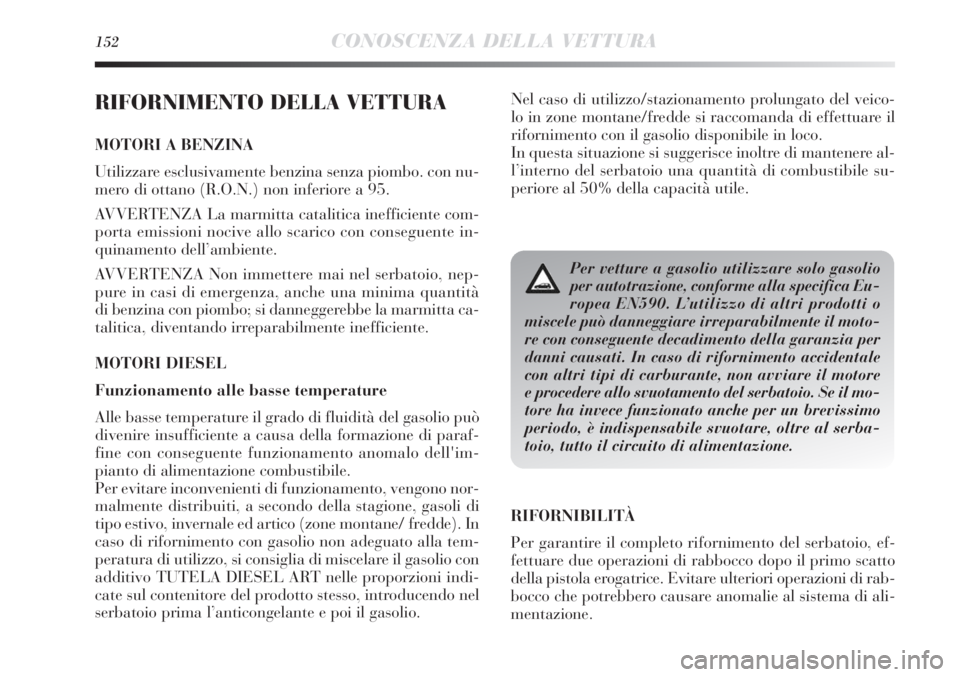 Lancia Delta 2012 Libretto Uso Manutenzione (in Italian) 152CONOSCENZA DELLA VETTURA
RIFORNIMENTO DELLA VETTURA
MOTORI A BENZINA
Utilizzare esclusivamente benzina senza piombo. con nu-
mero di ottano (R.O.N.) non inferiore a 95.
AVVERTENZA La marmitta catal Lancia Delta 2012 Libretto Uso Manutenzione (in Italian) 152CONOSCENZA DELLA VETTURA
RIFORNIMENTO DELLA VETTURA
MOTORI A BENZINA
Utilizzare esclusivamente benzina senza piombo. con nu-
mero di ottano (R.O.N.) non inferiore a 95.
AVVERTENZA La marmitta catal