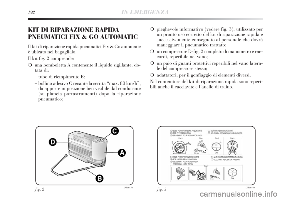 Lancia Delta 2012  Libretto Uso Manutenzione (in Italian) 192IN EMERGENZA
❍pieghevole informativo (vedere fig. 3), utilizzato per
un pronto uso corretto del kit di riparazione rapida e
successivamente consegnato al personale che dovrà
maneggiare il pneuma