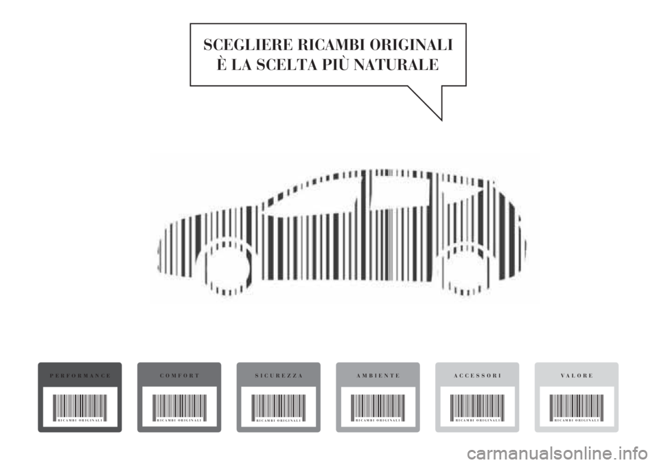 Lancia Delta 2013 Libretto Uso Manutenzione (in Italian) È LA SCELTA PIÙ NATURALE
SCEGLIERE RICAMBI ORIGINALI
PERFORMANCE
RICAMBI ORIGINALI
COMFORT
RICAMBI ORIGINALI
SICUREZZAAMBIENTEVA L O R EACCESSORI
RICAMBI ORIGINALI RICAMBI ORIGINALI RICAMBI ORIGIN Lancia Delta 2013 Libretto Uso Manutenzione (in Italian) È LA SCELTA PIÙ NATURALE
SCEGLIERE RICAMBI ORIGINALI
PERFORMANCE
RICAMBI ORIGINALI
COMFORT
RICAMBI ORIGINALI
SICUREZZAAMBIENTEVA L O R EACCESSORI
RICAMBI ORIGINALI RICAMBI ORIGINALI RICAMBI ORIGIN
