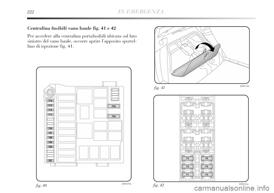 Lancia Delta 2012 Libretto Uso Manutenzione (in Italian) 222IN EMERGENZA
Centralina fusibili vano baule fig. 41 e 42
Per accedere alla centralina portafusibili ubicata sul lato
sinistro del vano baule, occorre aprire l’apposito sportel-
lino di ispezione Lancia Delta 2012 Libretto Uso Manutenzione (in Italian) 222IN EMERGENZA
Centralina fusibili vano baule fig. 41 e 42
Per accedere alla centralina portafusibili ubicata sul lato
sinistro del vano baule, occorre aprire l’apposito sportel-
lino di ispezione