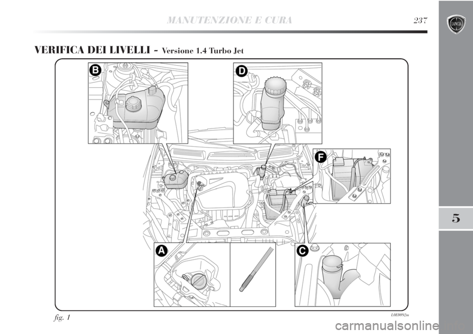 Lancia Delta 2013  Libretto Uso Manutenzione (in Italian) MANUTENZIONE E CURA237
5
VERIFICA DEI LIVELLI - Versione 1.4 Turbo Jet
fig. 1L0E0092m 