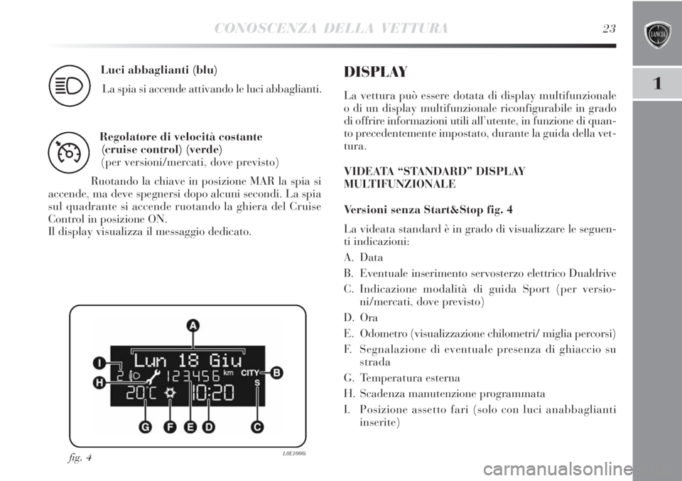 Lancia Delta 2012  Libretto Uso Manutenzione (in Italian) CONOSCENZA DELLA VETTURA23
1
Luci abbaglianti (blu)
La spia si accende attivando le luci abbaglianti.
1
Regolatore di velocità costante 
(cruise control) (verde)
(per versioni/mercati, dove previsto)