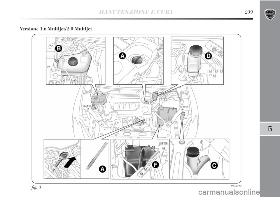 Lancia Delta 2012 Libretto Uso Manutenzione (in Italian) MANUTENZIONE E CURA239
5
Versione 1.6 Multijet/2.0 Multijet
fig. 3L0E0254m Lancia Delta 2012 Libretto Uso Manutenzione (in Italian) MANUTENZIONE E CURA239
5
Versione 1.6 Multijet/2.0 Multijet
fig. 3L0E0254m