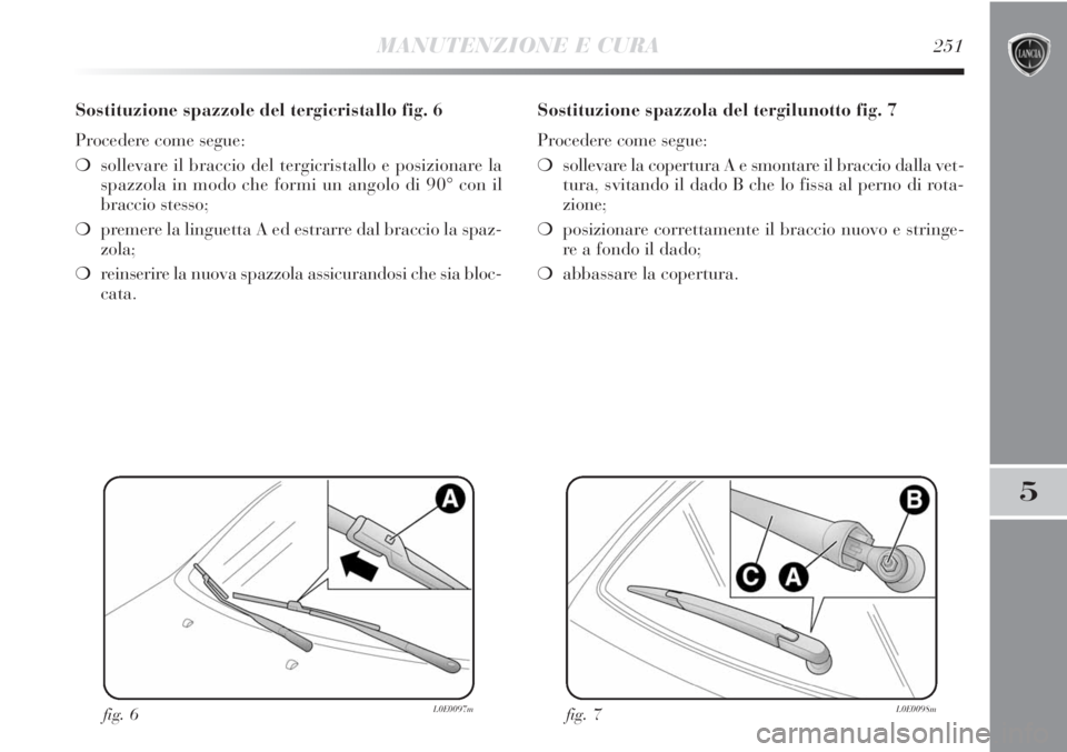 Lancia Delta 2012  Libretto Uso Manutenzione (in Italian) MANUTENZIONE E CURA251
5
Sostituzione spazzole del tergicristallo fig. 6
Procedere come segue:
❍sollevare il braccio del tergicristallo e posizionare la
spazzola in modo che formi un angolo di 90° 