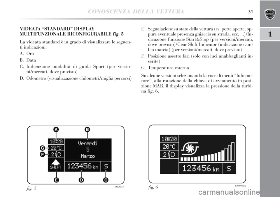 Lancia Delta 2012  Libretto Uso Manutenzione (in Italian) CONOSCENZA DELLA VETTURA25
1
E. Segnalazione su stato della vettura (es. porte aperte, op-
pure eventuale presenza ghiaccio su strada, ecc. ...)/In-
dicazione funzione Start&Stop (per versioni/mercati
