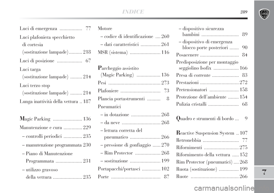 Lancia Delta 2012  Libretto Uso Manutenzione (in Italian) INDICE289
7
Motore
– codice di identificazione  .... 260
– dati caratteristici............... 261
MSR (sistema)....................... 116
Parcheggio assistito
(Magic Parking).................. 13