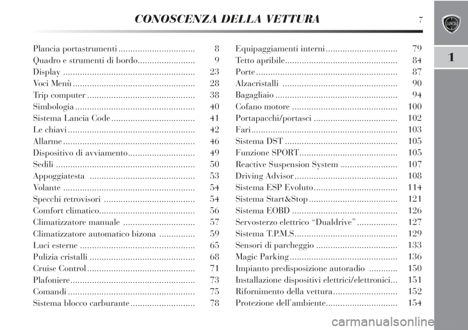 Lancia Delta 2012  Libretto Uso Manutenzione (in Italian) CONOSCENZA DELLA VETTURA7
1
Plancia portastrumenti................................ 8
Quadro e strumenti di bordo........................ 9
Display .....................................................