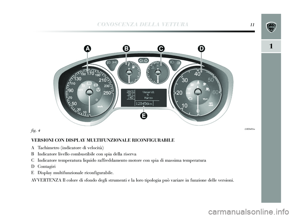 Lancia Delta 2014  Libretto Uso Manutenzione (in Italian) CONOSCENZA DELLA VETTURA11
1
VERSIONI CON DISPLAY MULTIFUNZIONALE RICONFIGURABILE 
A Tachimetro (indicatore di velocità)
B Indicatore livello combu stibile con s pia della ris erva
C Indicatore tempe