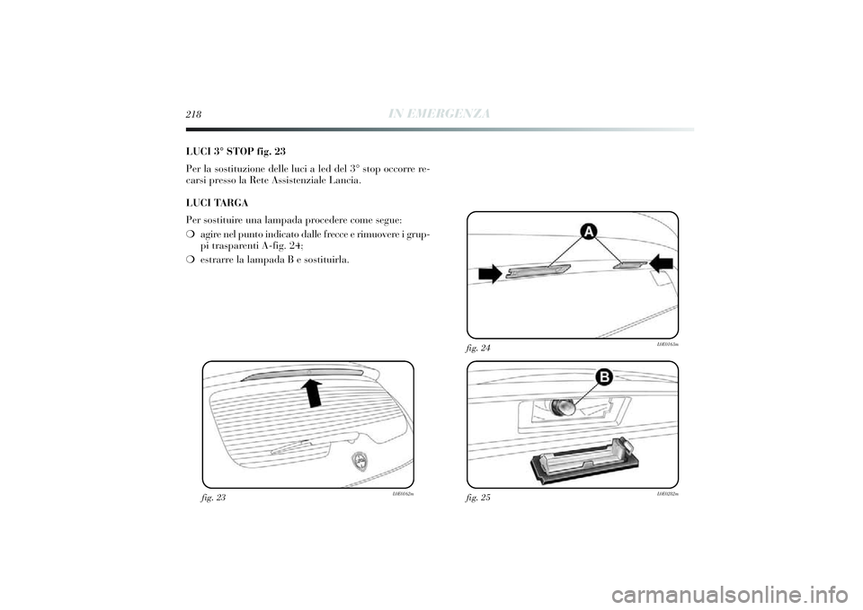 Lancia Delta 2014 Libretto Uso Manutenzione (in Italian) 218
IN EMERGENZA
LUCI 3° STOP fig. 23
Per la sostituzione delle luci a led del 3° stop occorre re-
carsi presso la Rete Assi stenziale Lanci a.
LUCI TARGA
Per sosti tuire una lampada procedere com Lancia Delta 2014 Libretto Uso Manutenzione (in Italian) 218
IN EMERGENZA
LUCI 3° STOP fig. 23
Per la sostituzione delle luci a led del 3° stop occorre re-
carsi presso la Rete Assi stenziale Lanci a.
LUCI TARGA
Per sosti tuire una lampada procedere com