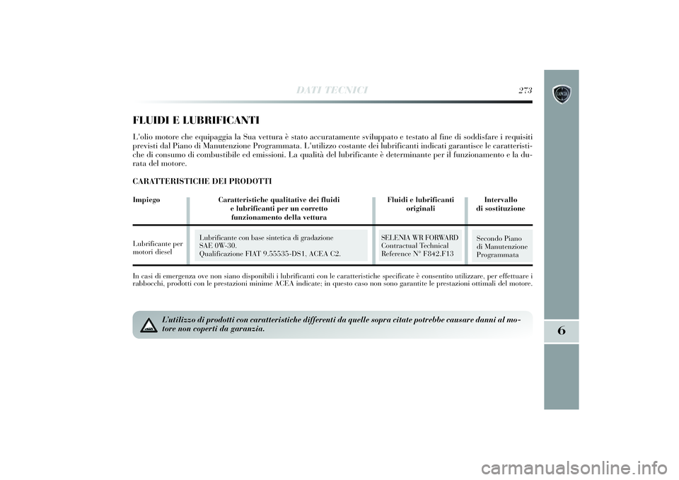 Lancia Delta 2014 Libretto Uso Manutenzione (in Italian) DATI TECNICI
273
6
In casi di emergenza ove non si ano disponibili i lubri ficanti con le caratteri stiche speci ficate è consenti to utilizzare, per effettuare i
rabbocchi , prodotti con le prest Lancia Delta 2014 Libretto Uso Manutenzione (in Italian) DATI TECNICI
273
6
In casi di emergenza ove non si ano disponibili i lubri ficanti con le caratteri stiche speci ficate è consenti to utilizzare, per effettuare i
rabbocchi , prodotti con le prest