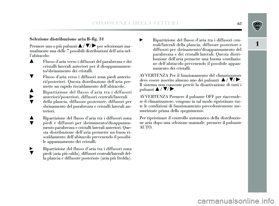 Lancia Delta 2014  Libretto Uso Manutenzione (in Italian) CONOSCENZA DELLA VETTURA63
1
Selezione distribuzione aria B-fig. 31
Premere uno o più puls anti 
 / / ˙per selezionare ma-
nualmente una delle 7 po ssibili distribuzioni dell ’aria nel-
l ’abi