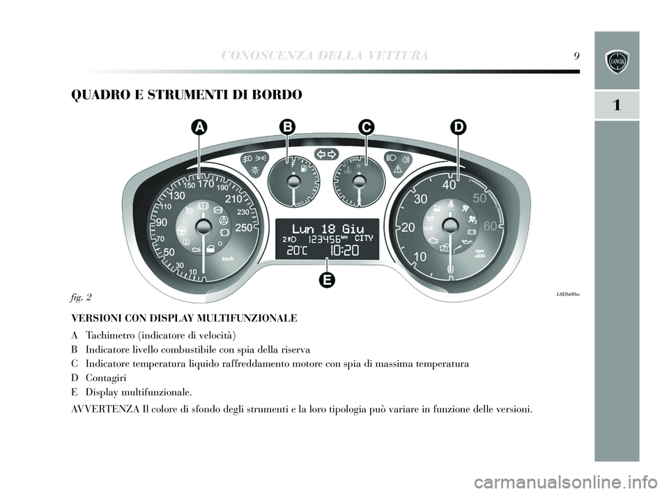 Lancia Delta 2015 Libretto Uso Manutenzione (in Italian) 1
CONOSCENZA DELLA VETTURA9
QUADRO E STRUMENTI DI BORDO
VERSIONI CON DISPLAY MULTIFUNZIONALE
A Tachimetro (indicatore di velocità)
B Indicatore livello combustibile con s pia della ri serva
C Indicat Lancia Delta 2015 Libretto Uso Manutenzione (in Italian) 1
CONOSCENZA DELLA VETTURA9
QUADRO E STRUMENTI DI BORDO
VERSIONI CON DISPLAY MULTIFUNZIONALE
A Tachimetro (indicatore di velocità)
B Indicatore livello combustibile con s pia della ri serva
C Indicat