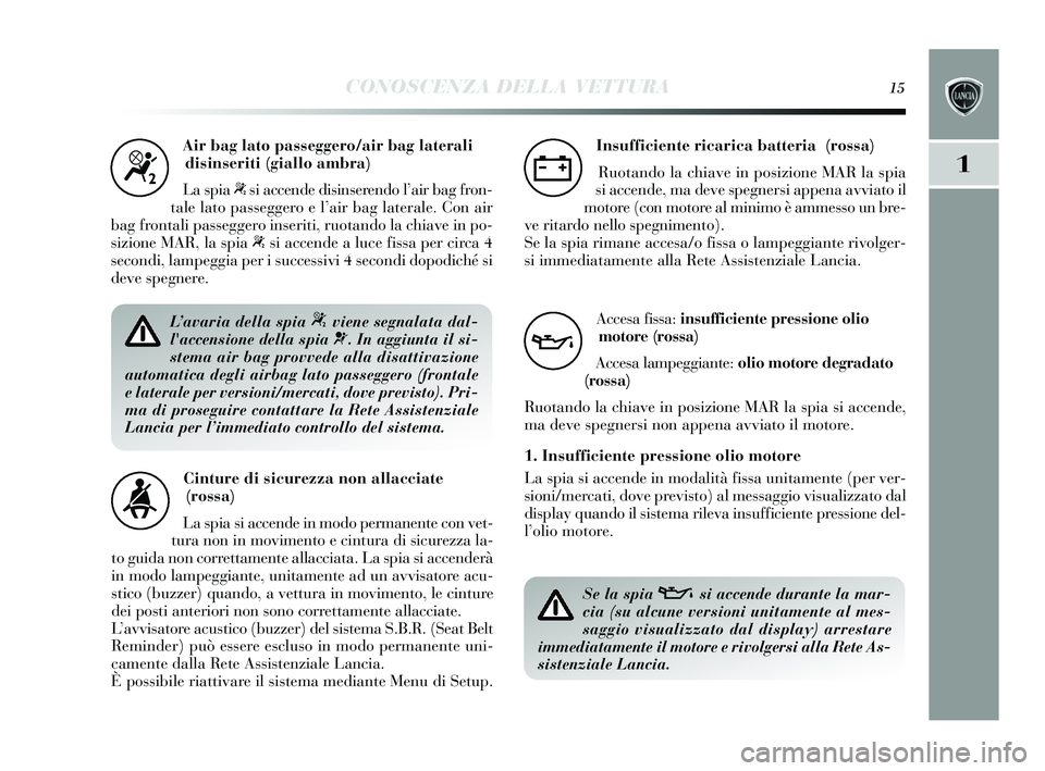 Lancia Delta 2015 Libretto Uso Manutenzione (in Italian) CONOSCENZA DELLA VETTURA15
1
Air bag lato passeggero/air bag lateralidisinseriti (giallo ambra)
La spia
“si accende dis inserendo l’ air bag fron-
tale lato passeggero e l’ air bag laterale. C Lancia Delta 2015 Libretto Uso Manutenzione (in Italian) CONOSCENZA DELLA VETTURA15
1
Air bag lato passeggero/air bag lateralidisinseriti (giallo ambra)
La spia
“si accende dis inserendo l’ air bag fron-
tale lato passeggero e l’ air bag laterale. C