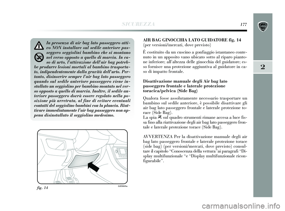 Lancia Delta 2015 Libretto Uso Manutenzione (in Italian) SICUREZZA177
2
AIR BAG GINOCCHIA LATO GUIDATORE fig. 14
(per versioni/mercati, dove previsto)
È costituito da un cuscino a gonfiaggio istantaneo conte-
nuto in un apposito vano ubicato sotto al ripar Lancia Delta 2015 Libretto Uso Manutenzione (in Italian) SICUREZZA177
2
AIR BAG GINOCCHIA LATO GUIDATORE fig. 14
(per versioni/mercati, dove previsto)
È costituito da un cuscino a gonfiaggio istantaneo conte-
nuto in un apposito vano ubicato sotto al ripar