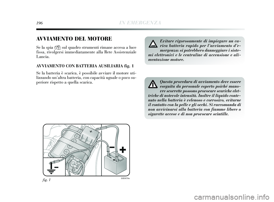 Lancia Delta 2015 Libretto Uso Manutenzione (in Italian) 196IN EMERGENZA
AVVIAMENTO DEL MOTORE
Se la spia Ysul quadro strumenti rimane accesa a luce
fissa, rivolgersi immediatamente alla Rete Assistenziale
Lancia.
AVVIAMENTO CON BATTERIA AUSILIARIA fig. 1
S Lancia Delta 2015 Libretto Uso Manutenzione (in Italian) 196IN EMERGENZA
AVVIAMENTO DEL MOTORE
Se la spia Ysul quadro strumenti rimane accesa a luce
fissa, rivolgersi immediatamente alla Rete Assistenziale
Lancia.
AVVIAMENTO CON BATTERIA AUSILIARIA fig. 1
S