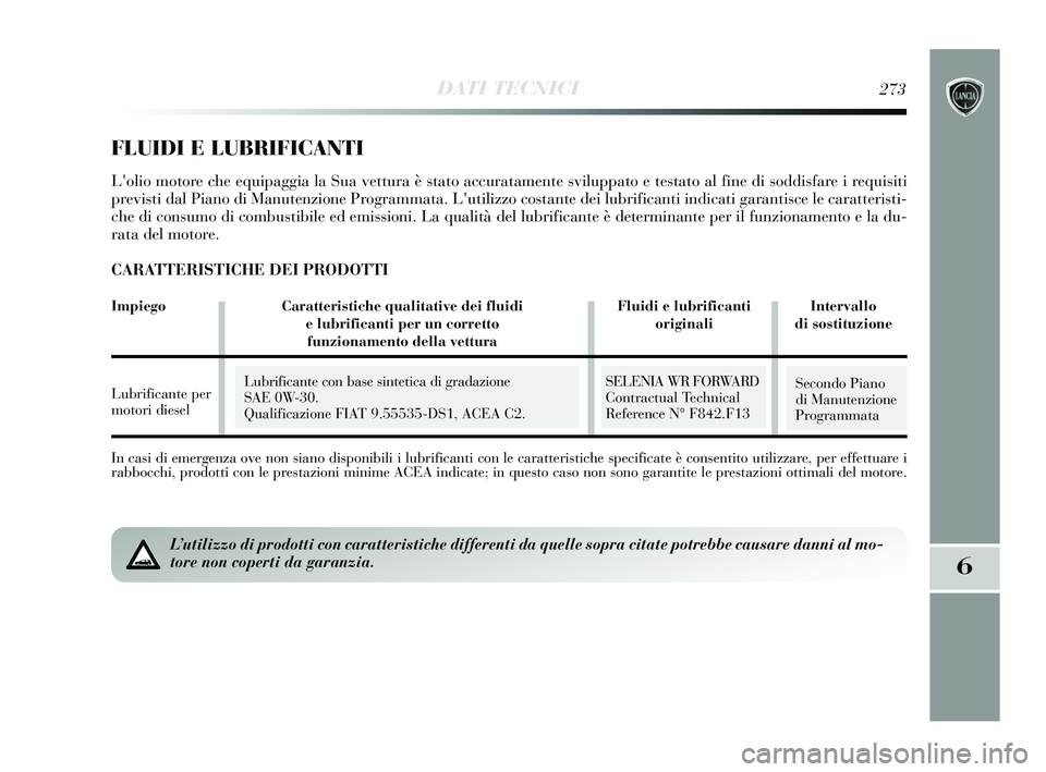 Lancia Delta 2015  Libretto Uso Manutenzione (in Italian) DATI TECNICI273
6
In casi di emergenza ove non siano disponibili i lubrificanti con le caratteristiche sp\
ecificate è consentito utilizzare, per effettuare i
rabbocchi, prodotti con le prestazioni m