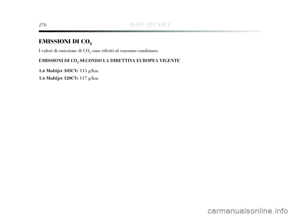 Lancia Delta 2015  Libretto Uso Manutenzione (in Italian) 276DATI TECNICI
EMISSIONI DI CO2
I valori di emissione di CO2sono riferiti al consumo combinato.
EMISSIONI DI CO
2SECONDO LA DIRETTIVA EUROPEA VIGENTE 
1.6 Multijet 105CV: 115 g/km
1.6 Multijet 120CV: