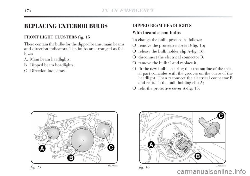Lancia Delta 2009  Owner handbook (in English) 178IN AN EMERGENCY
REPLACING EXTERIOR BULBS
FRONT LIGHT CLUSTERS fig. 15
These contain the bulbs for the dipped beams, main beams
and direction indicators. The bulbs are arranged as fol-
lows:
A. Main